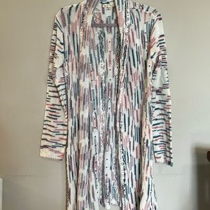 Hem & Thread White Turquoise Pink Open Knit Crochet Long Sweater Size Medium